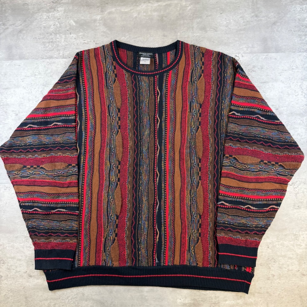 Franco Danti Made in Italy 3D Textured Knit Sweater XXL Red Brown Black Vintage
